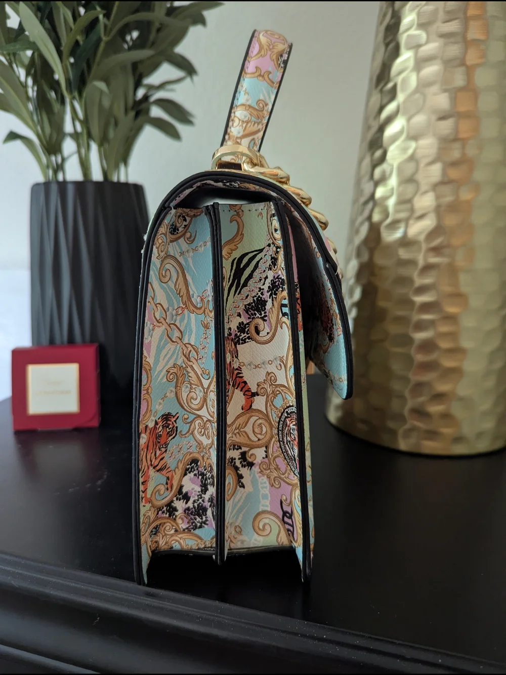 Pastel Tiger Print Top-Handle Bag with Gold Chain